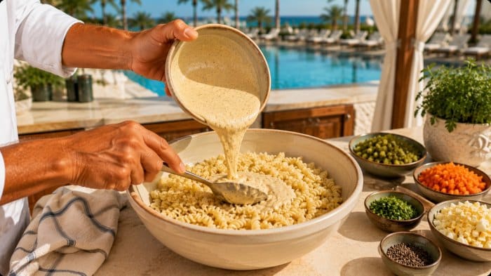 ریختن سس روی سالاد ماکارونی و مخلوط کردن آن