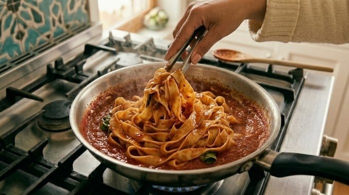 ترکیب کردن تالیاتلی و سس گوجه برای سرو