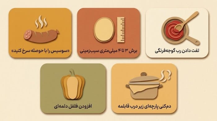 اینفوگرافیک نکات طلایی طرز تهیه ماکارونی با سوسیس و سیب زمینی
