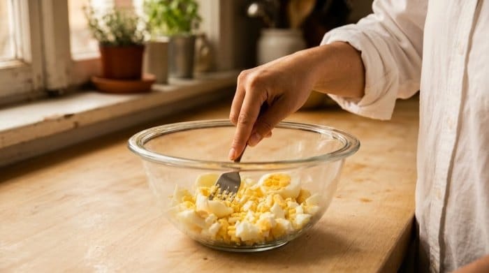 له کردن تخم مرغها در یک ظرف پیرکس با پشت چنگال