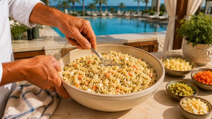  اضافه و مخلوط کردن سیب‌زمینی، هویج، تخم‌مرغ و خیارشور به ترکیب سالاد ماکارونی و سس