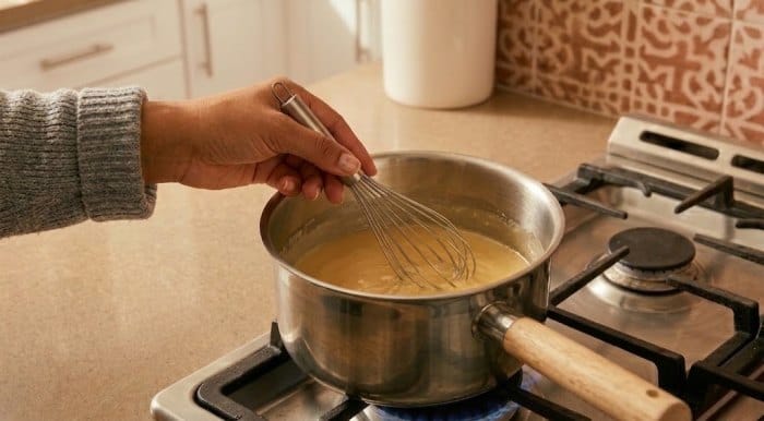 تفت دادن کره و آرد برای تهیه سس بشامل
