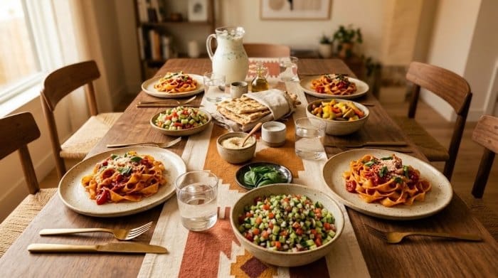 چهار بشقاب سرو شده تالیاتلی با سس گوجه در سر یک میز شام ایرانی ۴ نفره