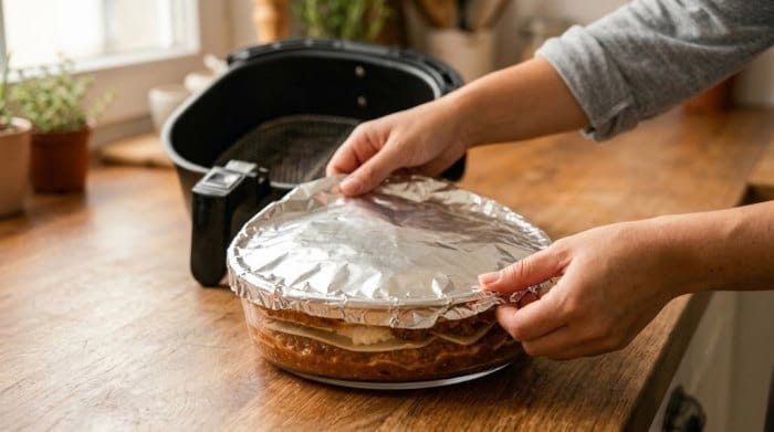 پوشاندن ظرف فویل با پیرکس و آماده کردن آن برای قرار دادن داخل سبد ایرفرایر