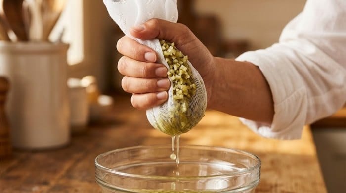 گرفتن آب خیارشورهای ریز خرد شده با یک صافی