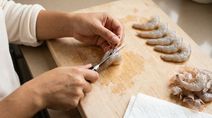 پاک کردن میگو با یک چاقو و بیرون کشیدن خط سیاه رنگ وسط آن