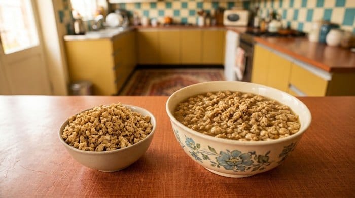 یک کاسه سویا خشک در کنار یک کاسه بزرگ سویا خیس شده در آب گوشت