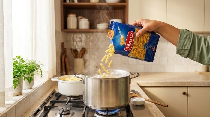 ریختن ماکارونی در یک قابلمه حاوی آبجوش و نمک روی اجاق گاز
