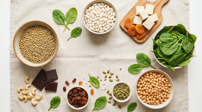 منابع گیاهی آهن مانند عدس، اسفناج، توفو و شکلات تلخ