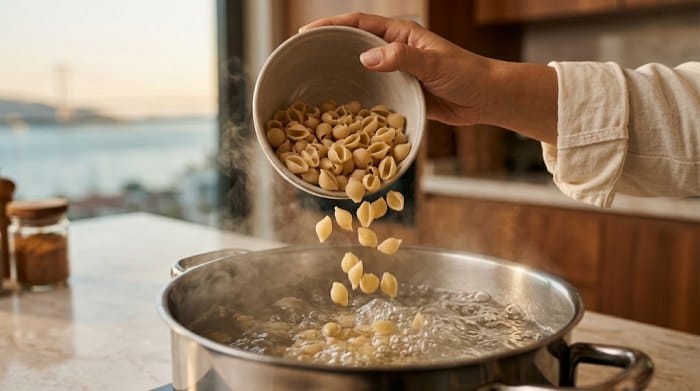 ریختن ماکارونیهای گوش ماهی در یک قابلمه آبجوش