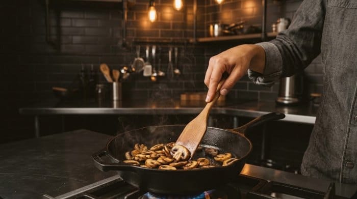 تفت دادن قارچها بدون روغن در یک تابه