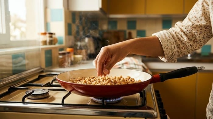 سرخ کردن سویا آب‌گیری شده در یک تابه روی شعله اجاق گاز