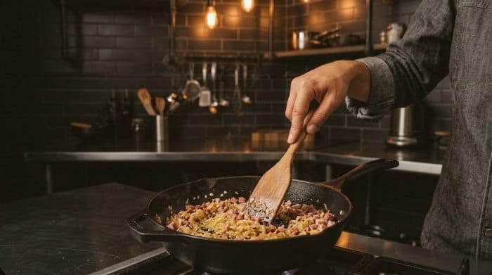 تفت دادن سیر، پیاز و کالباس خرد شده در یک تابه روی اجاق گاز