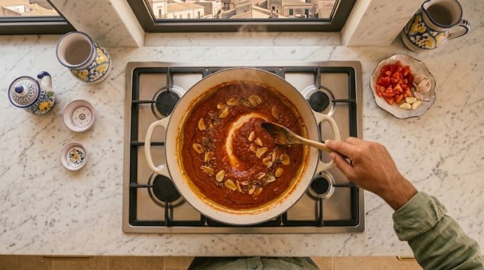 تفت دادن سیر، گوجه فرنگی رنده، پونه خشک با روغن زیتون در یک تابه