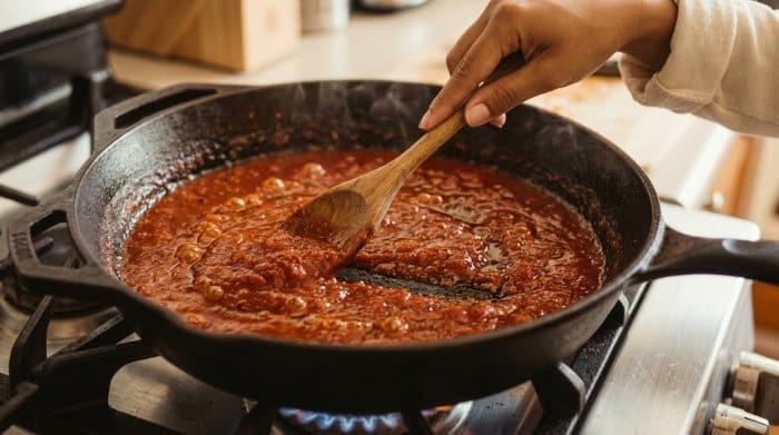 سرخ شدن رب، سیر گوجه فرنگی رنده شده در یک تابه و تبدیل شدن به سس قرمز