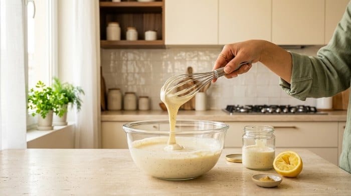 مخلوط کردن مایونز، ماست چکیده، آبلیمو، آب خیارشور، خردل، پودر سیر، نمک و فلفل در یک کاسه پیرکس