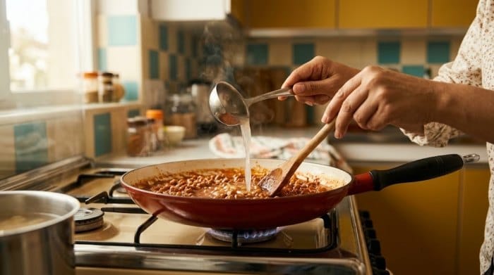 اضافه کردن آب اسپاگتی به مایه ماکارونی آماده شده با سویا و رب گوجه فرنگی در یک تابه