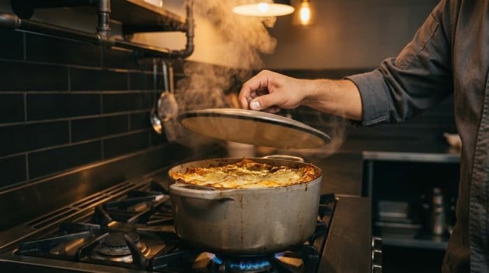 یک قابلمه لازانیا و با قارچ و کالباس که درب آن برداشته شده و بخار از آن بالا میزند