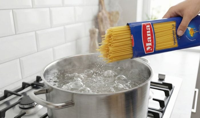 اضافه کردن ماکارونی به آب در حال جوشیدن