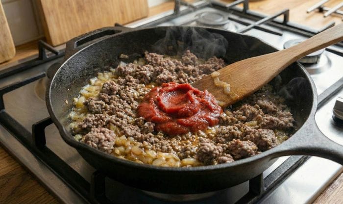 آماده‌سازی مایه ماکارونی ایرانی - تفت دادن پیاز گوشت و رب