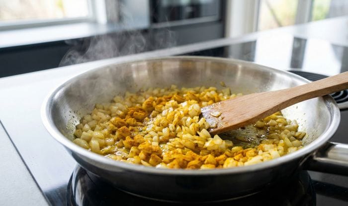 تفت دادن پیاز در روغن با زردچوبه