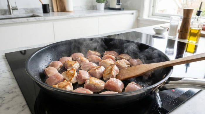 تفت دادن مرغ برای سس آلفردو در تابه