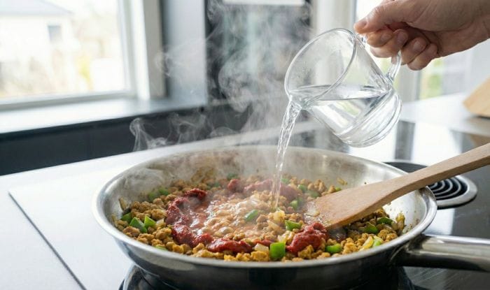 اضافه کردن رب و آب جوش به مایه ماکارونی با سویا