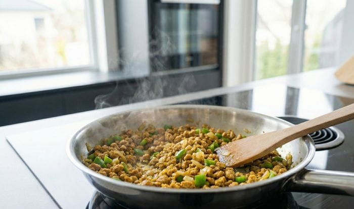 تفت دادن سویا با پیاز و فلفل دلمه‌ای