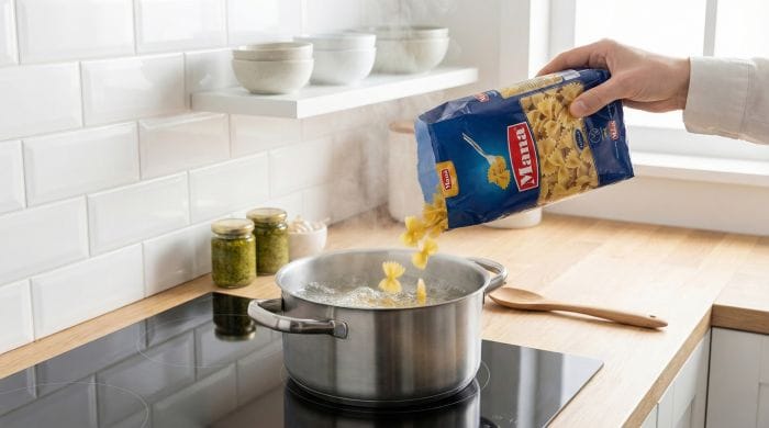 اضافه کردن ماکارونی فرمی به آب در حال جوشیدن