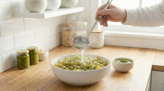 اضافه کردن آب پاستا به ماکارونی با سس پستو