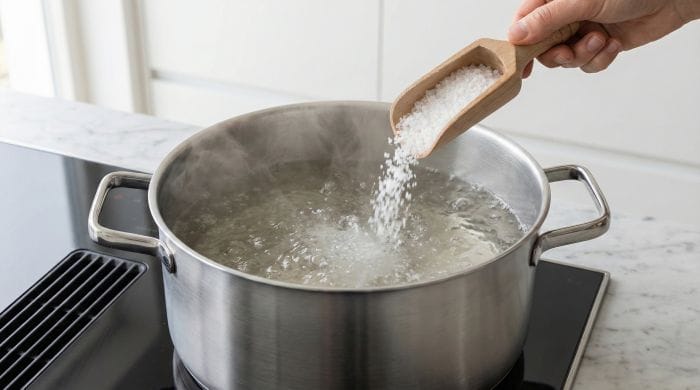 اضافه کردن نمک به قابلمه حاوی آبجوش