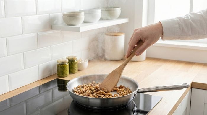 تفت دادن گردو درون ماهیتابه برای طرز تهیه ماکارونی با سس پستو