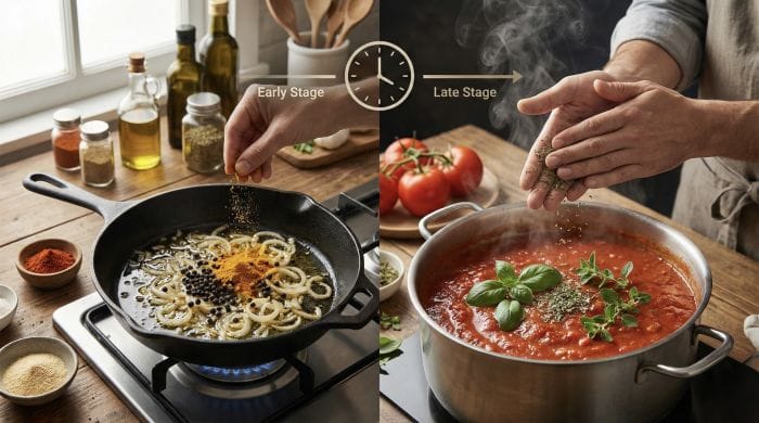 بهترین زمان اضافه کردن ادویه ماکارونی