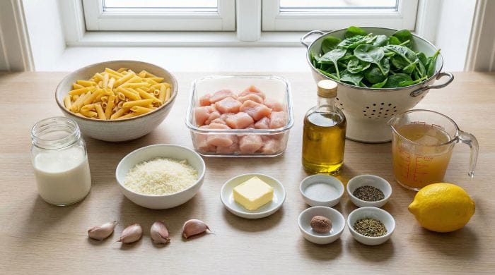 مواد لازم برای طرز تهیه پاستا با مرغ و اسفناج