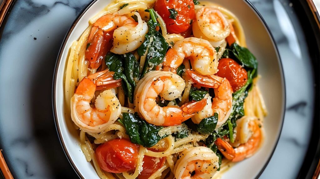 طرز تهیه پاستا لینگوئینی با میگو و اسفناج