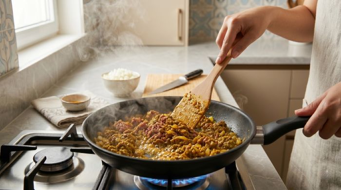 تهیه سس گوشت برای طرز تهیه ماکارونی با ته چین سیب زمینی