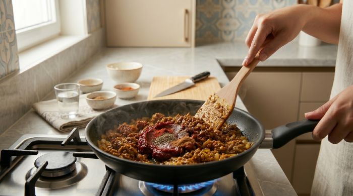 تفت دادن رب با گوشت و پیاز برای تهیه مایه ماکارونی