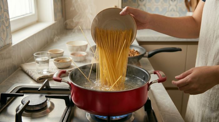 ریختن ماکارونی در قابلمه حاوی آبجوش و نمک