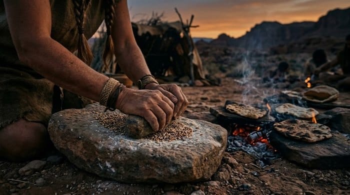 یک مرد در حال له کردن دانههای گندم برای پخت نان
