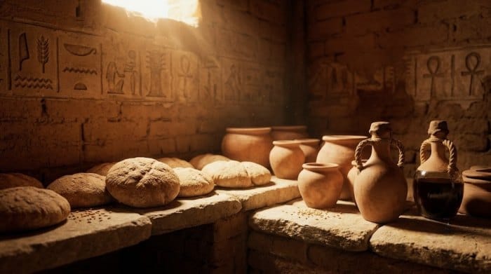 تعدادی نان در مصر باستان به همراه کوزههای آبجو