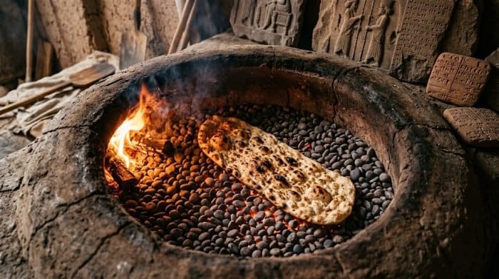 نان سنگک ایرانی در حال پخت در یک تنور ایرانی