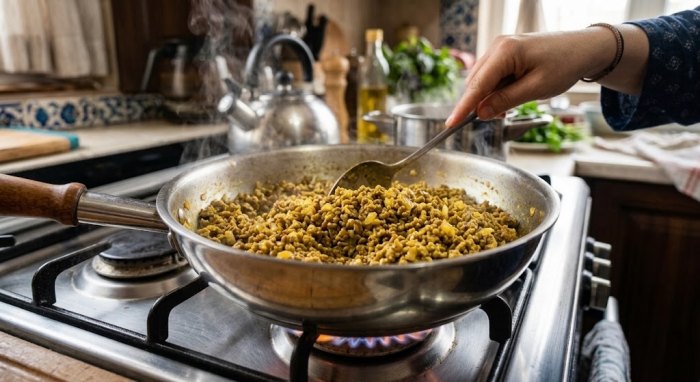 Frying onions and meats for persian macaroni recipe