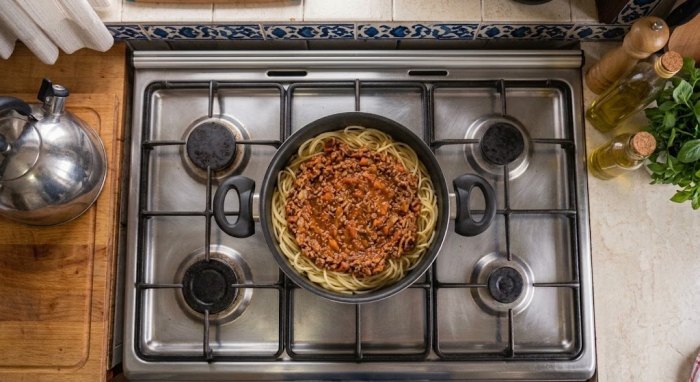 Layering Spaghetti and Sauce for Persian Macaroni