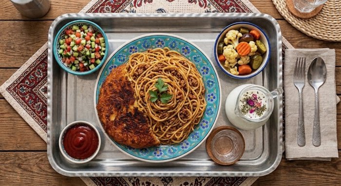 Persian Macaroni With Lavash Tahdig, Salad Shirazi, Torshi and Dough