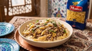 طرز تهیه پاستا با گوشت چرخ کرده و قارچ و خامه