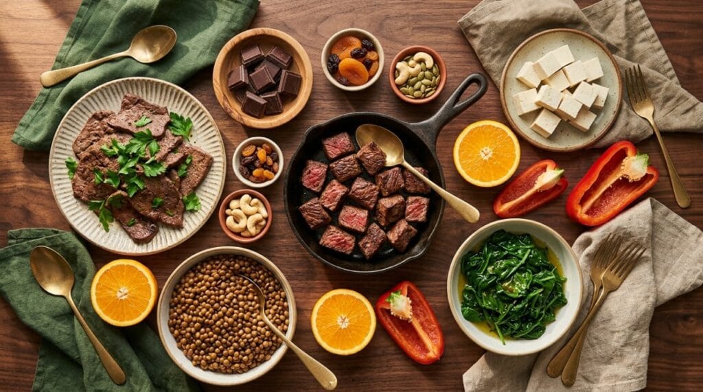 مواد غذایی مفید برای رفع کم خونی روی میز چوبی