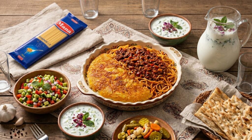 طرز تهیه ماکارونی با ته چین سیب زمینی