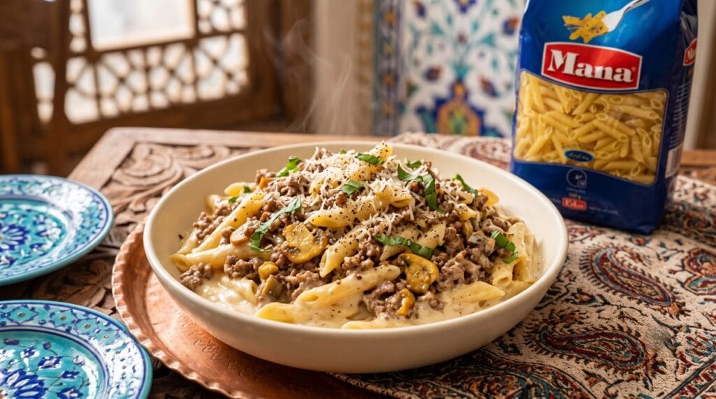 طرز تهیه پاستا با گوشت چرخ کرده و قارچ و خامه